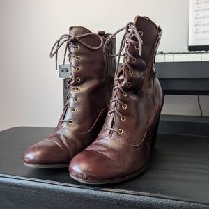 Liz Claiborne Brown Leather Lace-Up Ankle Boots | Size 9.5 | 4" Heel
